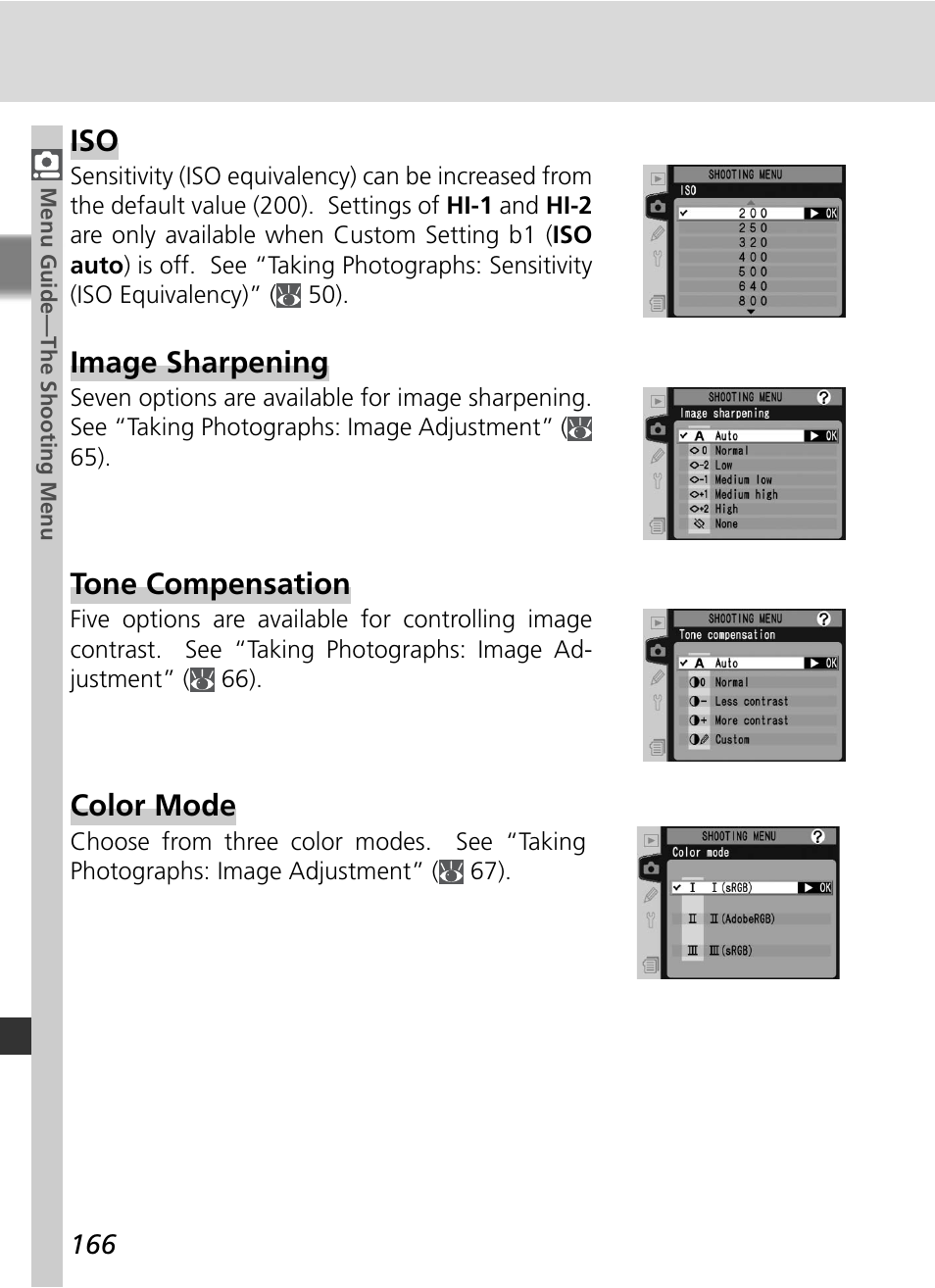 Image sharpening, Tone compensation, Color mode | Nikon D2HS User Manual | Page 180 / 271