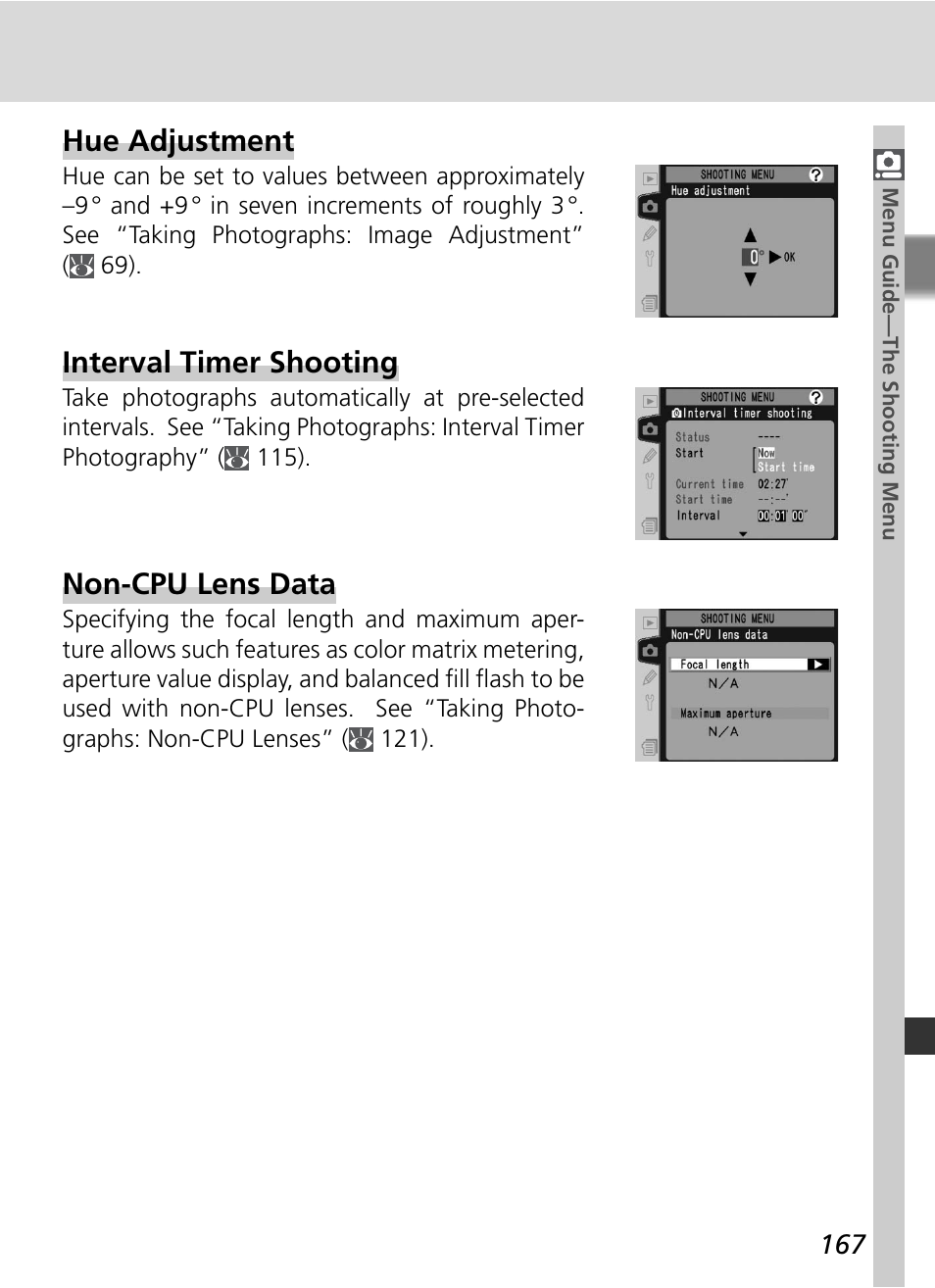 Hue adjustment, Interval timer shooting, Non-cpu lens data | Nikon D2HS User Manual | Page 181 / 271