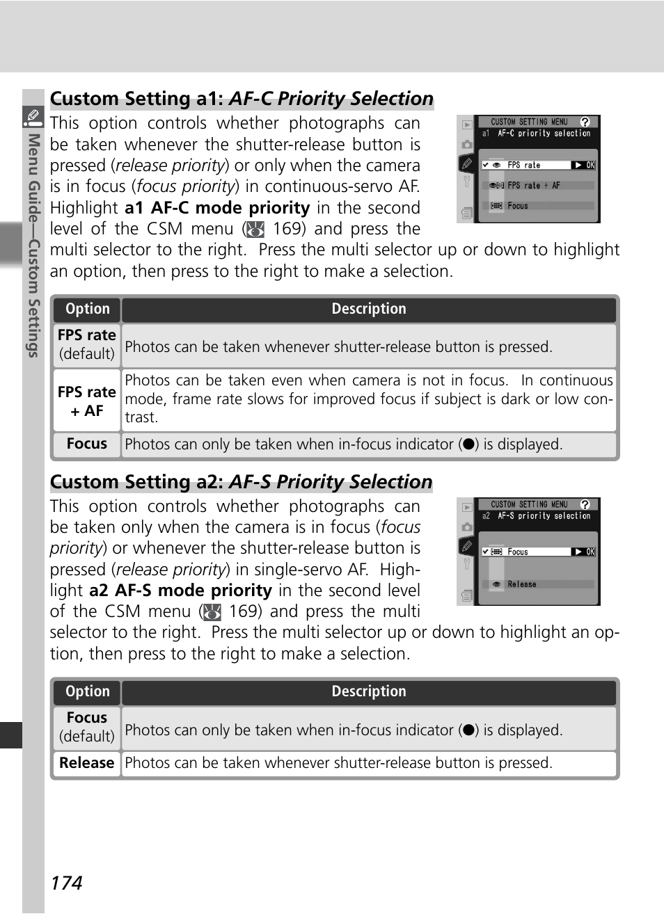 Custom setting a1: af-c priority selection, Custom setting a2: af-s priority selection | Nikon D2HS User Manual | Page 188 / 271