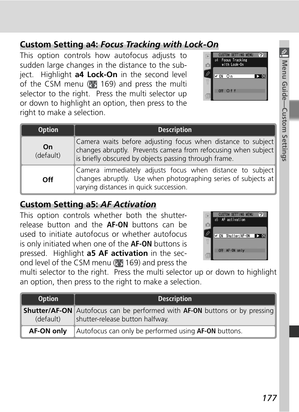 Custom setting a4: focus tracking with lock-on, Custom setting a5: af activation | Nikon D2HS User Manual | Page 191 / 271