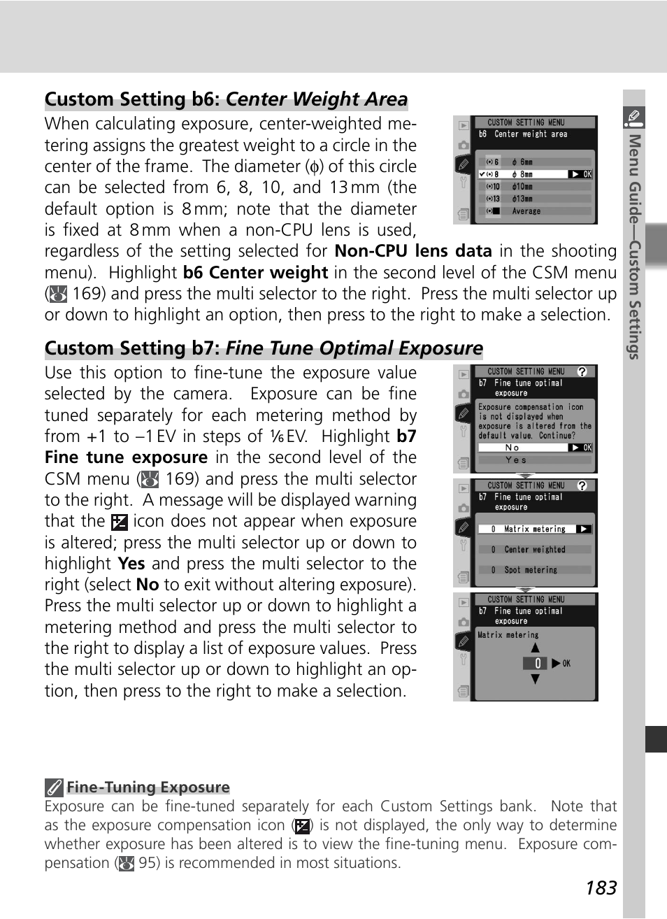 Custom setting b6: center weight area, Custom setting b7: fine tune optimal exposure | Nikon D2HS User Manual | Page 197 / 271