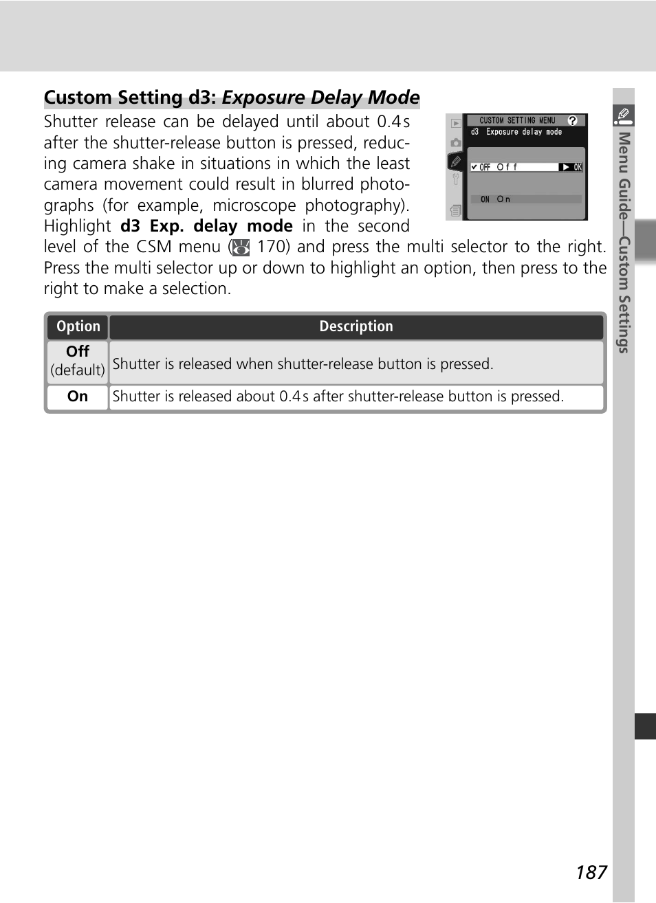 Custom setting d3: exposure delay mode | Nikon D2HS User Manual | Page 201 / 271