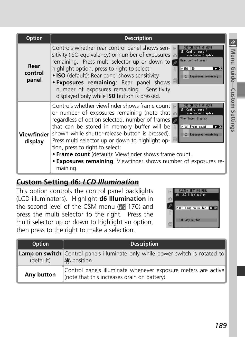 Custom setting d6: lcd illumination | Nikon D2HS User Manual | Page 203 / 271