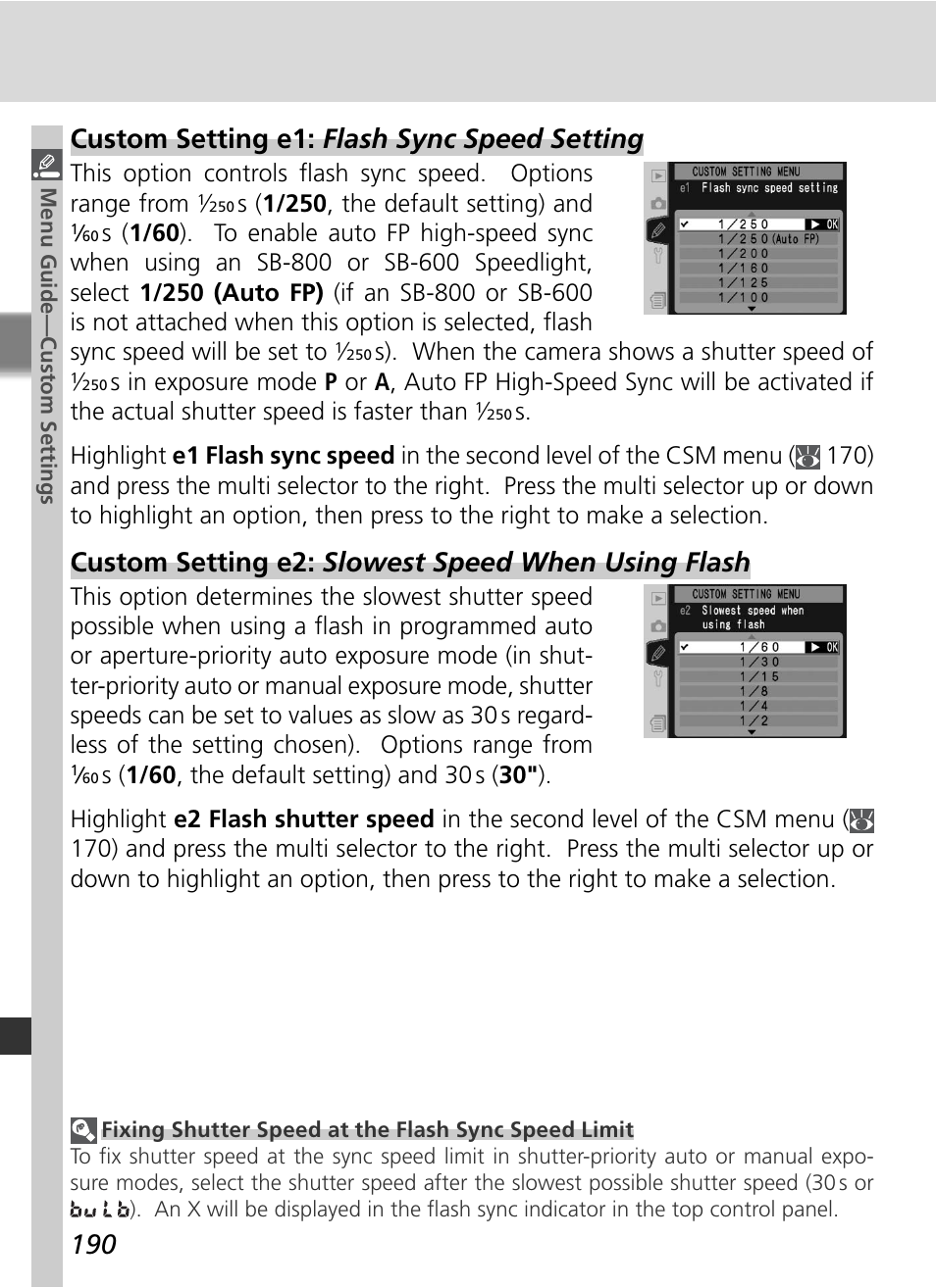 Custom setting e1: flash sync speed setting, Custom setting e2: slowest speed when using flash | Nikon D2HS User Manual | Page 204 / 271