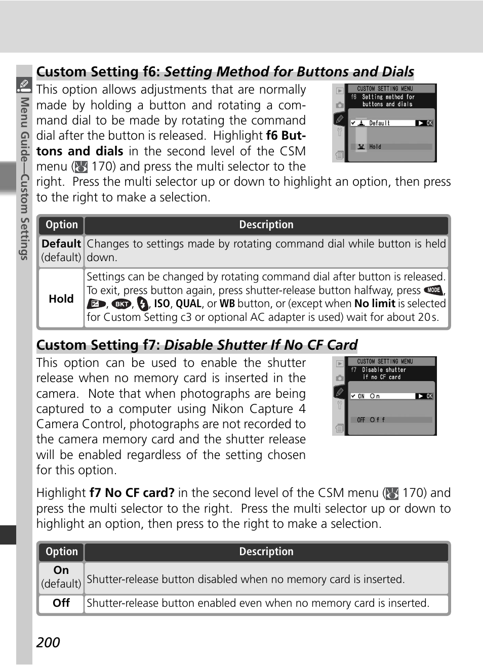 Custom setting f7: disable shutter if no cf card | Nikon D2HS User Manual | Page 214 / 271