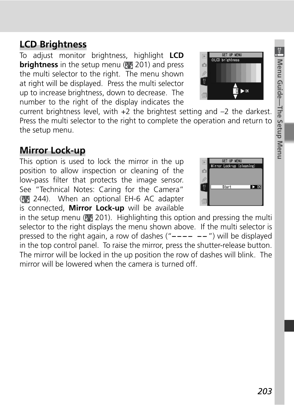 Lcd brightness, Mirror lock-up | Nikon D2HS User Manual | Page 217 / 271