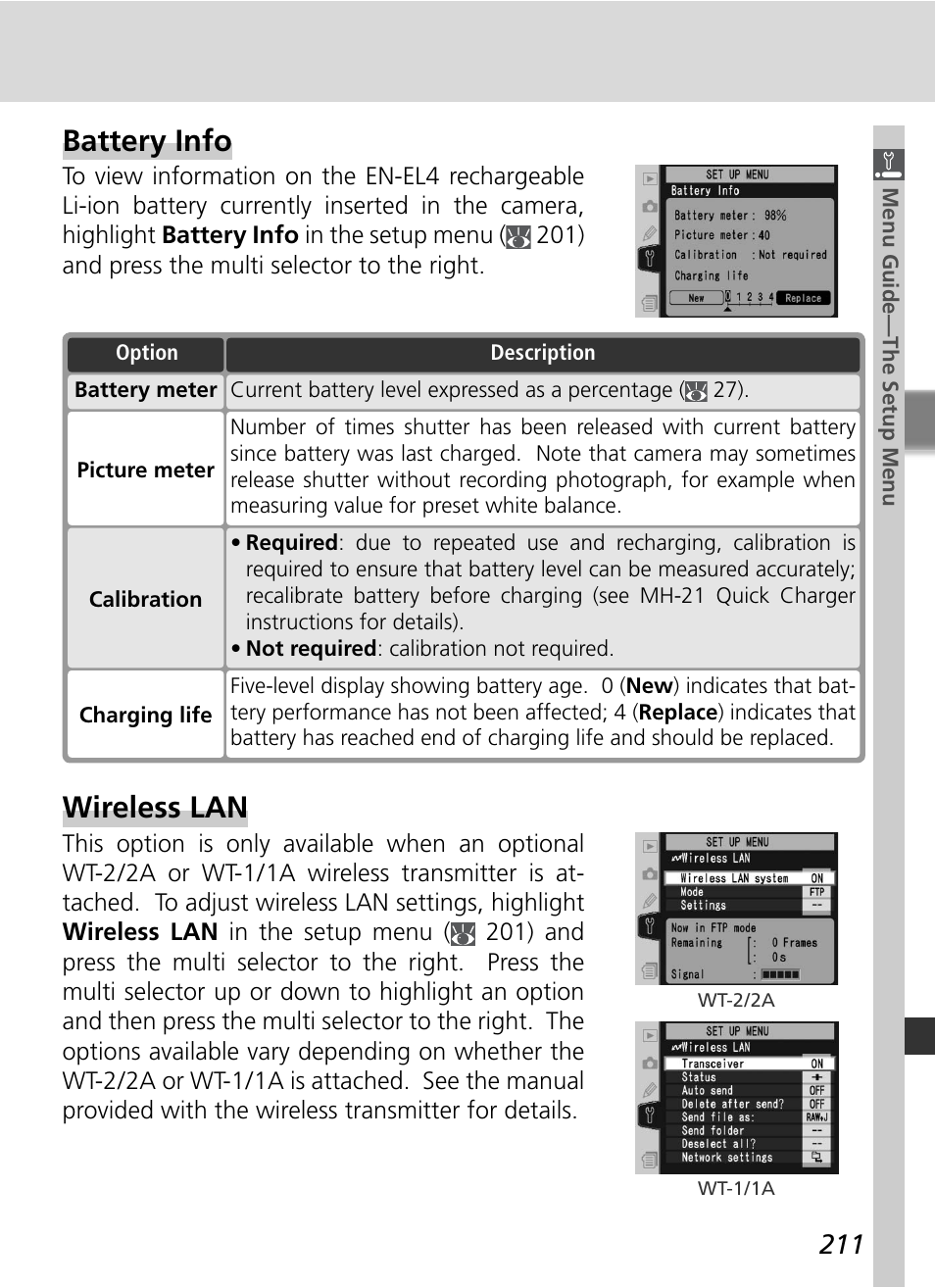 Battery info, Wireless lan | Nikon D2HS User Manual | Page 225 / 271