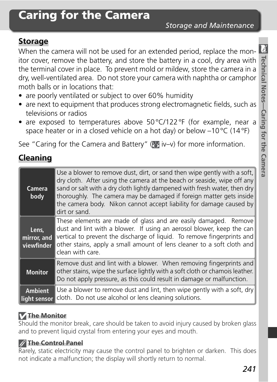 Caring for the camera, Storage, Cleaning | Nikon D2HS User Manual | Page 255 / 271