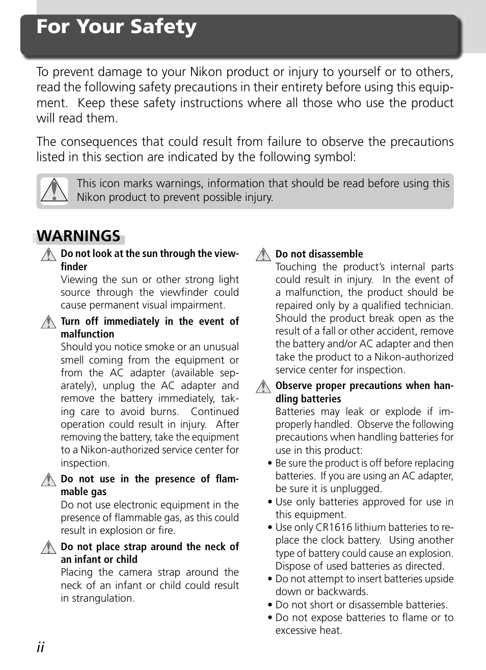 For your safety, Warnings | Nikon D2HS User Manual | Page 4 / 271