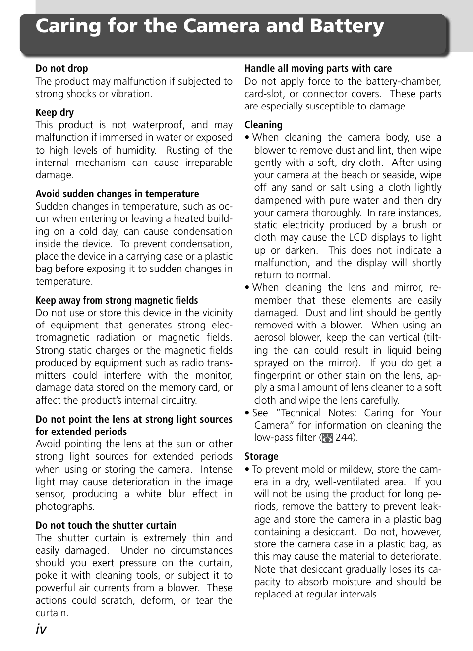 Caring for the camera and battery | Nikon D2HS User Manual | Page 6 / 271