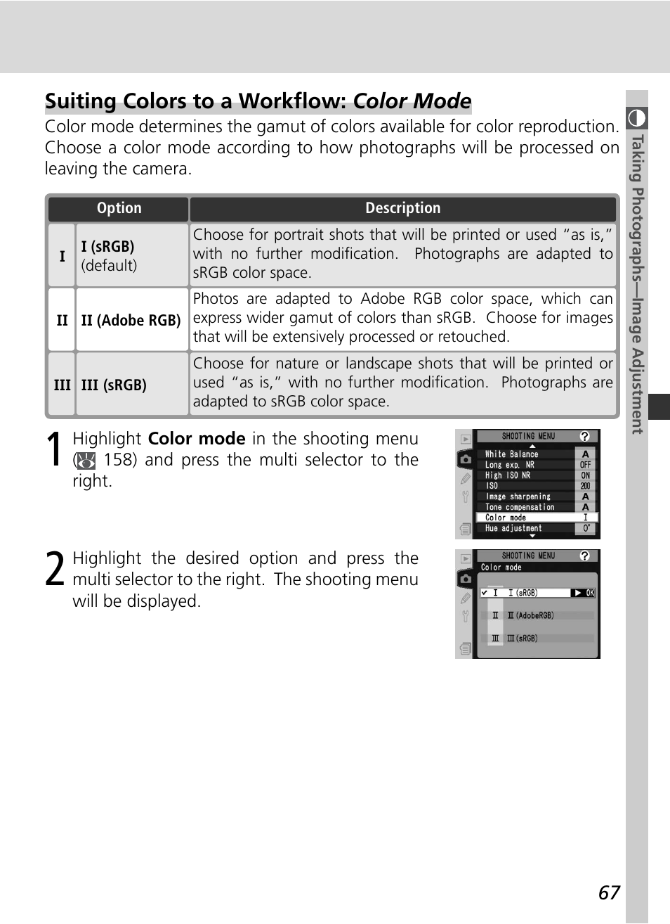 Suiting colors to a workfl ow: color mode | Nikon D2HS User Manual | Page 81 / 271