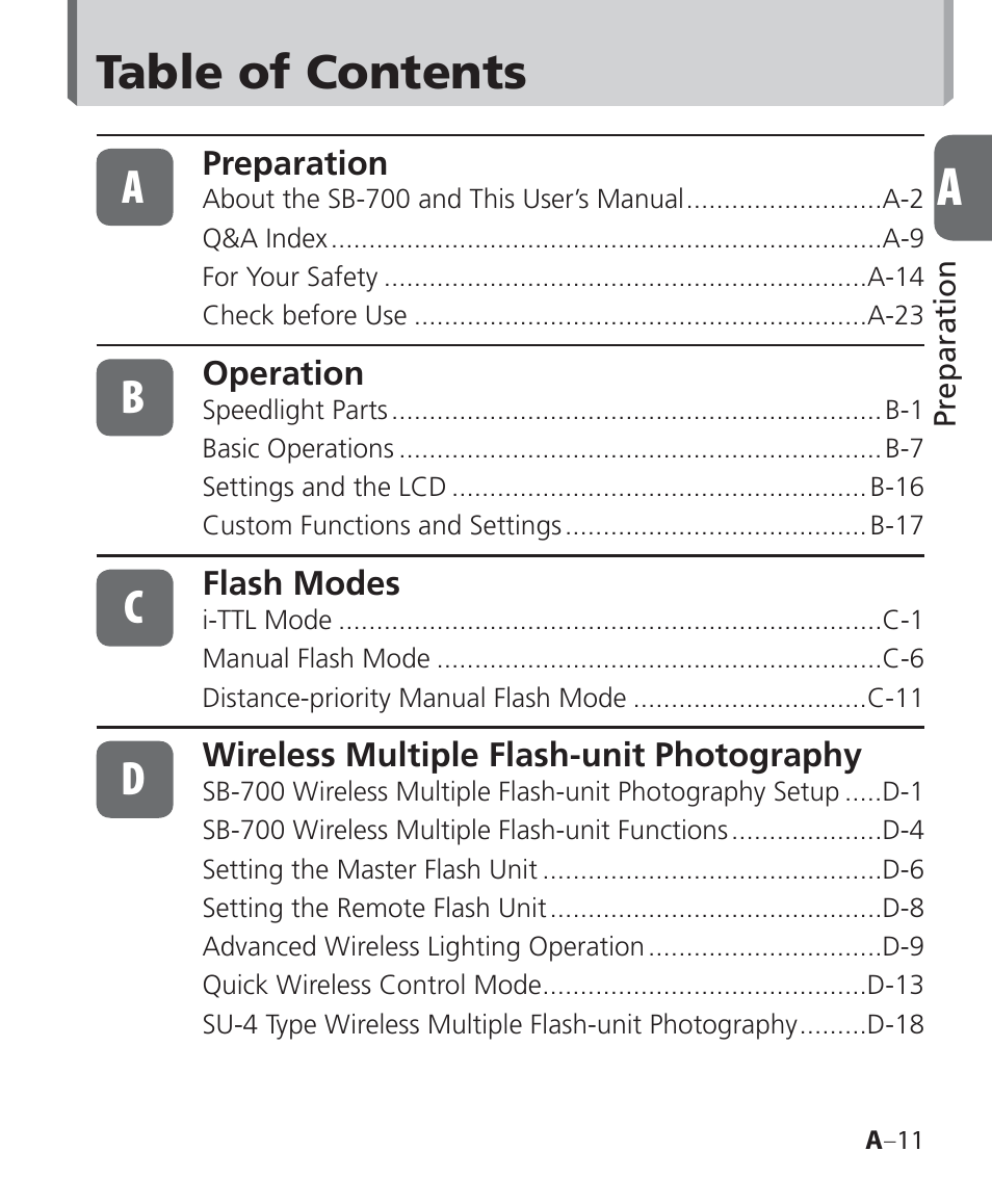 Table of contents a | Nikon Speedlight SB-700 User Manual | Page 11 / 164