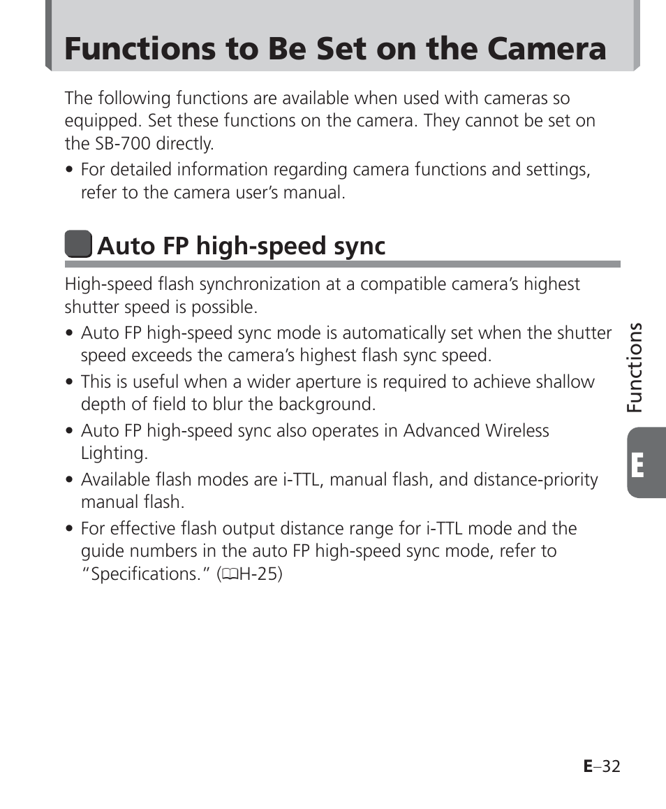 Functions to be set on the camera, Auto fp high-speed sync | Nikon Speedlight SB-700 User Manual | Page 123 / 164