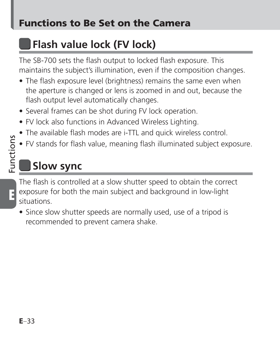 Flash value lock (fv lock), Slow sync, Functions to be set on the camera | Nikon Speedlight SB-700 User Manual | Page 124 / 164