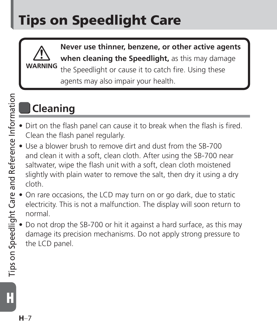 Tips on speedlight care, Cleaning | Nikon Speedlight SB-700 User Manual | Page 136 / 164