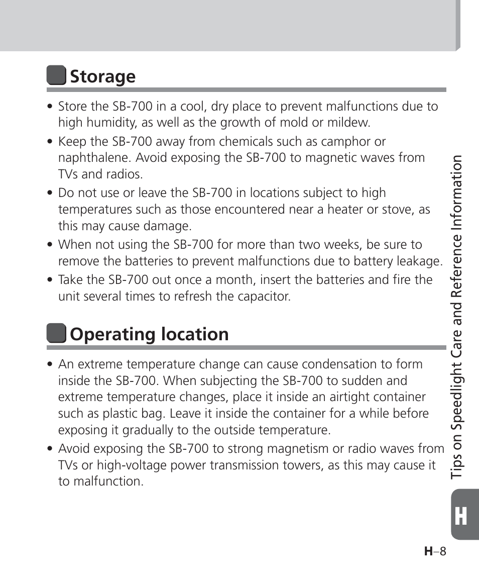 Storage, Operating location | Nikon Speedlight SB-700 User Manual | Page 137 / 164