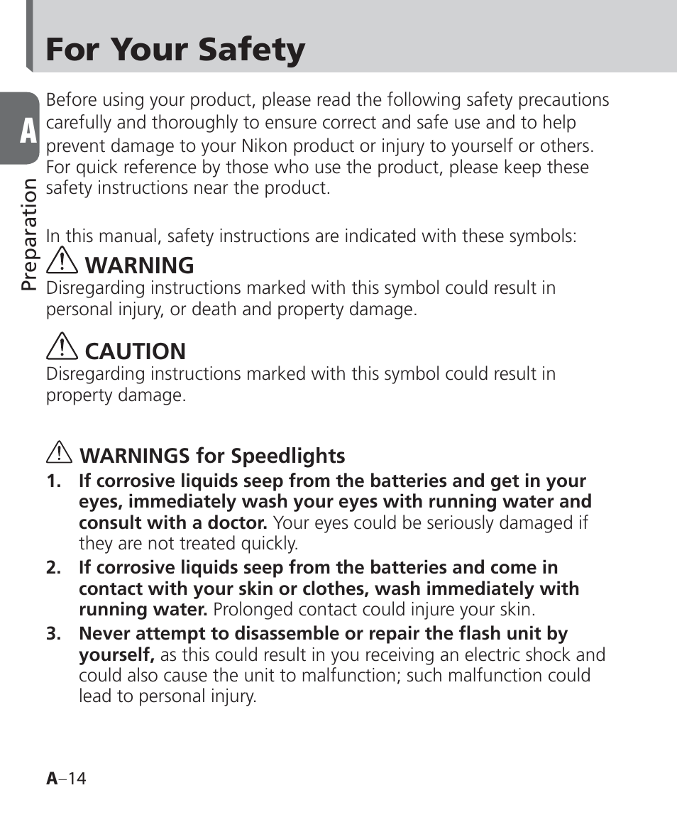For your safety | Nikon Speedlight SB-700 User Manual | Page 14 / 164
