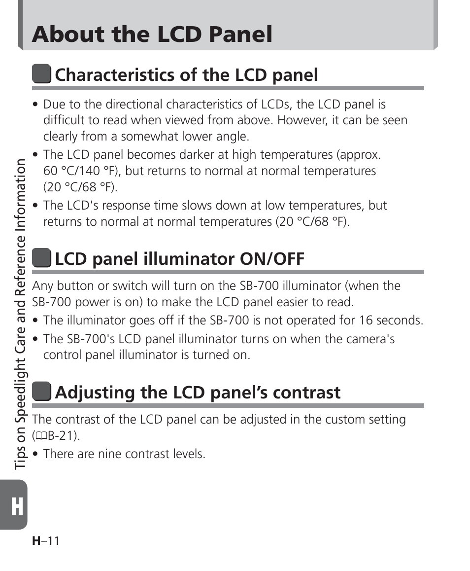 About the lcd panel, Characteristics of the lcd panel, Lcd panel illuminator on/off | Adjusting the lcd panel’s contrast | Nikon Speedlight SB-700 User Manual | Page 140 / 164