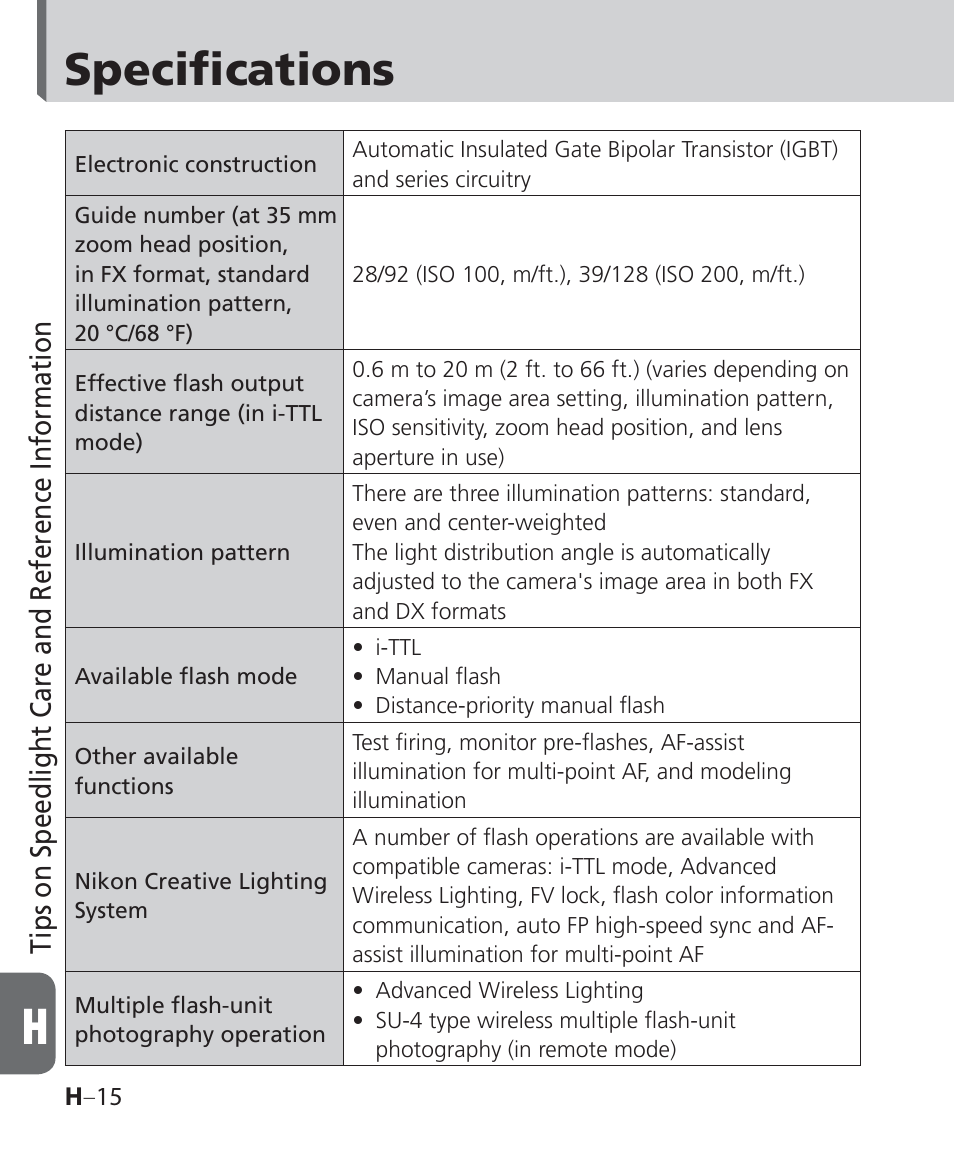 Specifications, Tips on speedlight care and reference information | Nikon Speedlight SB-700 User Manual | Page 144 / 164