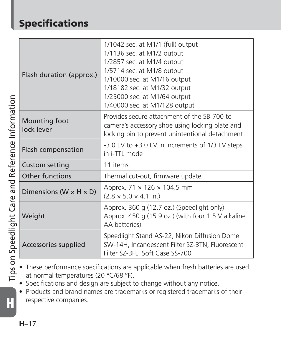 Specifications, Tips on speedlight care and reference information | Nikon Speedlight SB-700 User Manual | Page 146 / 164