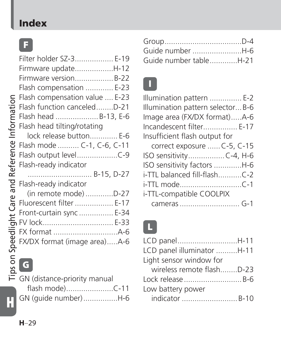 Index f | Nikon Speedlight SB-700 User Manual | Page 158 / 164