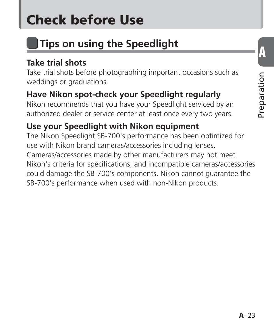 Check before use | Nikon Speedlight SB-700 User Manual | Page 23 / 164