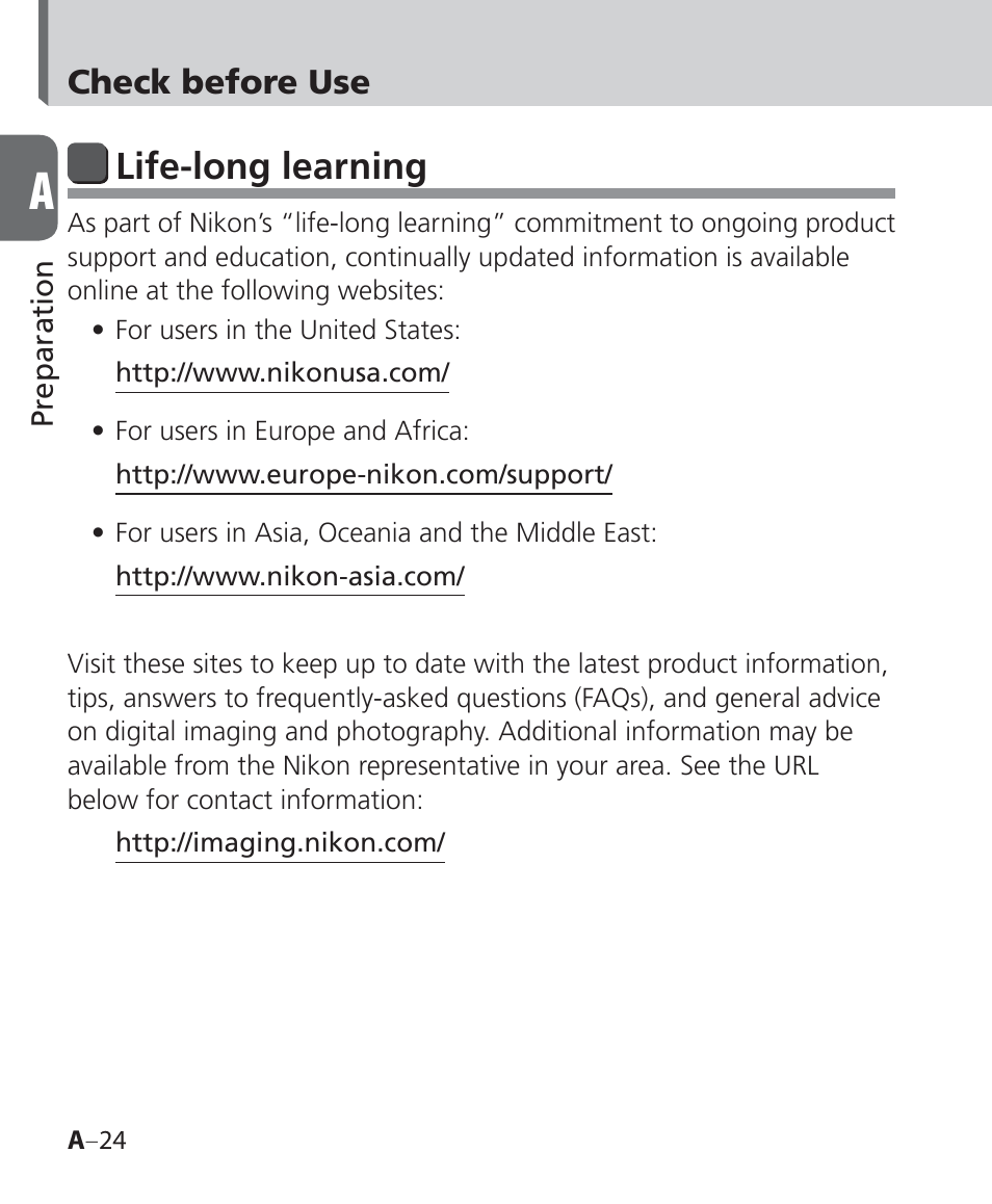 Life-long learning, Check before use | Nikon Speedlight SB-700 User Manual | Page 24 / 164