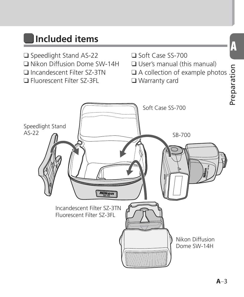 Included items | Nikon Speedlight SB-700 User Manual | Page 3 / 164