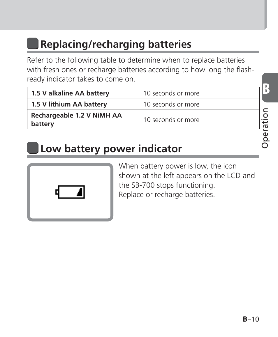 Replacing/recharging batteries, Low battery power indicator | Nikon Speedlight SB-700 User Manual | Page 35 / 164