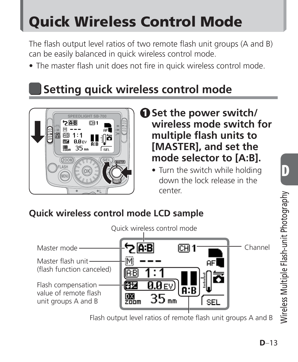 Quick wireless control mode, Setting quick wireless control mode | Nikon Speedlight SB-700 User Manual | Page 75 / 164
