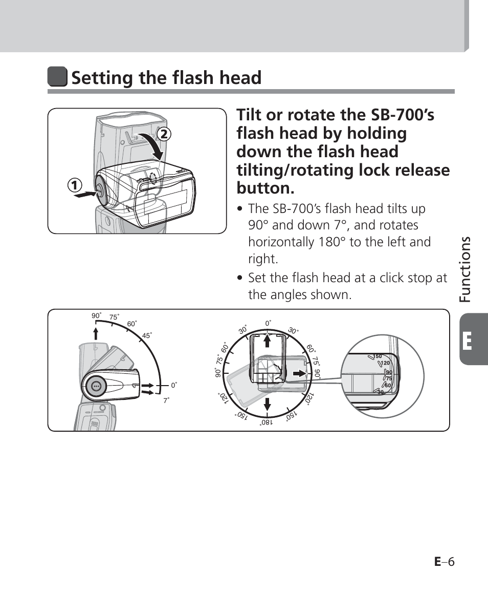 Setting the flash head, Functions, E –6 | Nikon Speedlight SB-700 User Manual | Page 97 / 164