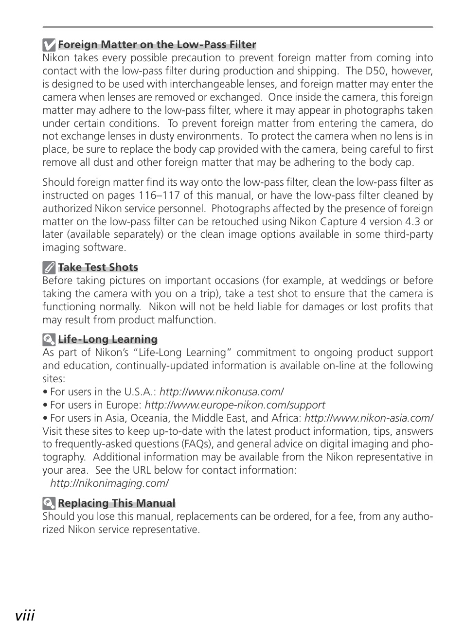Viii | Nikon D50 User Manual | Page 10 / 148