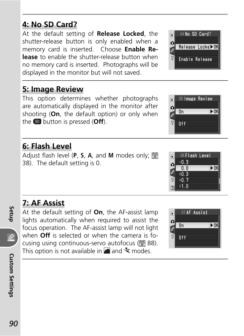 No sd card, Image review, Flash level | Af assist | Nikon D50 User Manual | Page 100 / 148