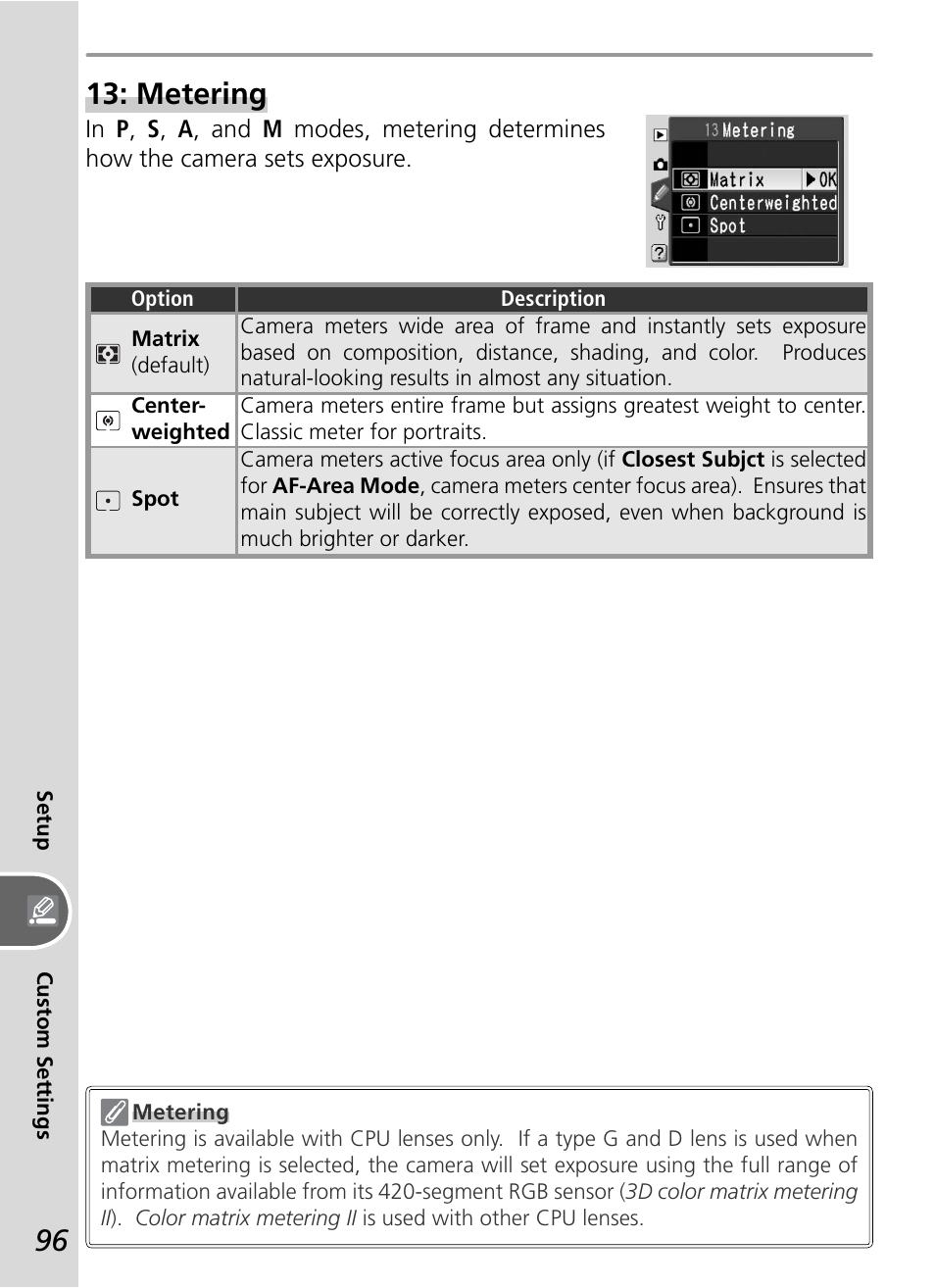 Metering | Nikon D50 User Manual | Page 106 / 148