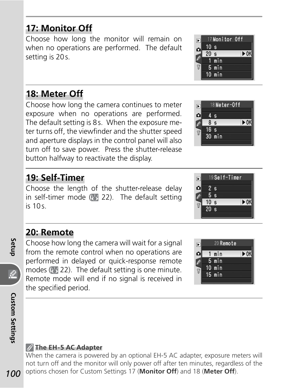 Monitor off, Meter off, Self-timer | Remote | Nikon D50 User Manual | Page 110 / 148