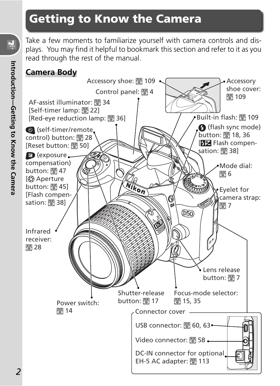 Getting to know the camera, Camera body | Nikon D50 User Manual | Page 12 / 148