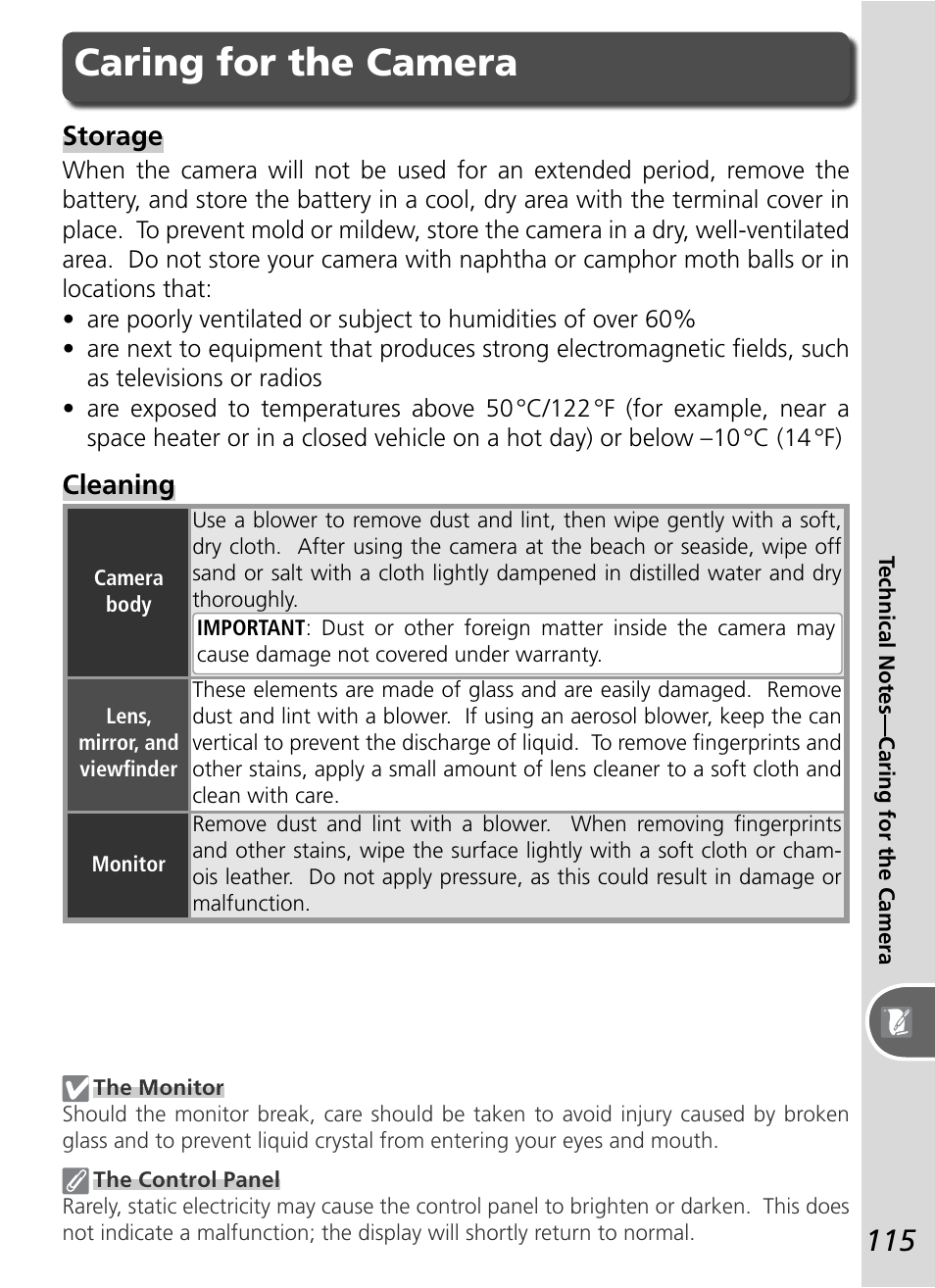 Caring for the camera, Storage, Cleaning | Nikon D50 User Manual | Page 125 / 148