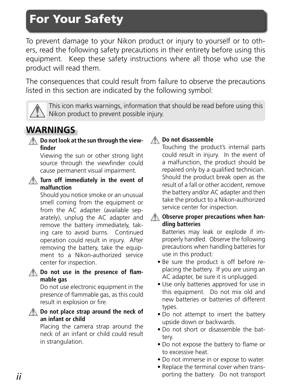 For your safety, Warnings | Nikon D50 User Manual | Page 4 / 148