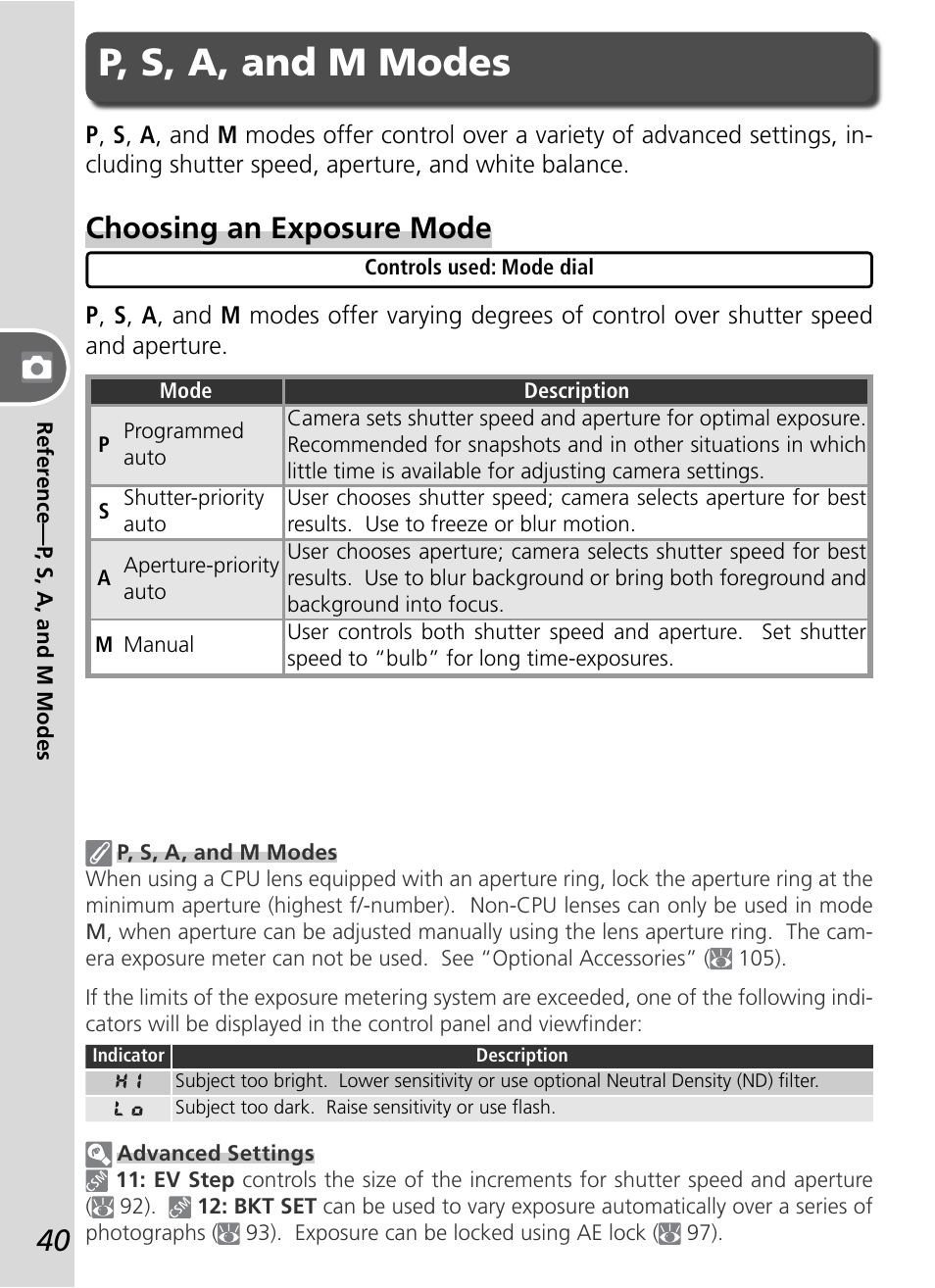 P, s, a, and m modes, Choosing an exposure mode | Nikon D50 User Manual | Page 50 / 148