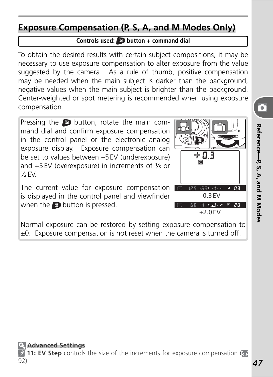 Exposure compensation (p, s, a, and m modes only) | Nikon D50 User Manual | Page 57 / 148