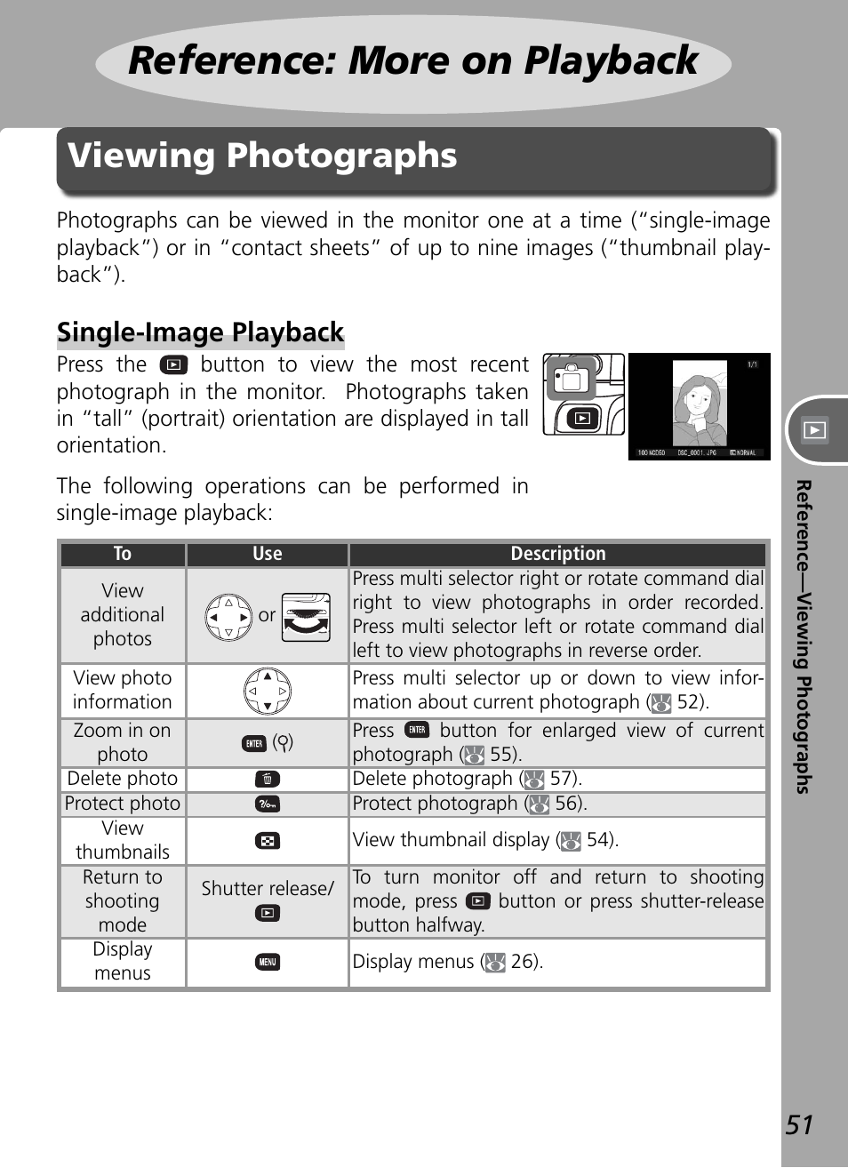 Reference: more on playback, Viewing photographs, Single-image playback | Nikon D50 User Manual | Page 61 / 148