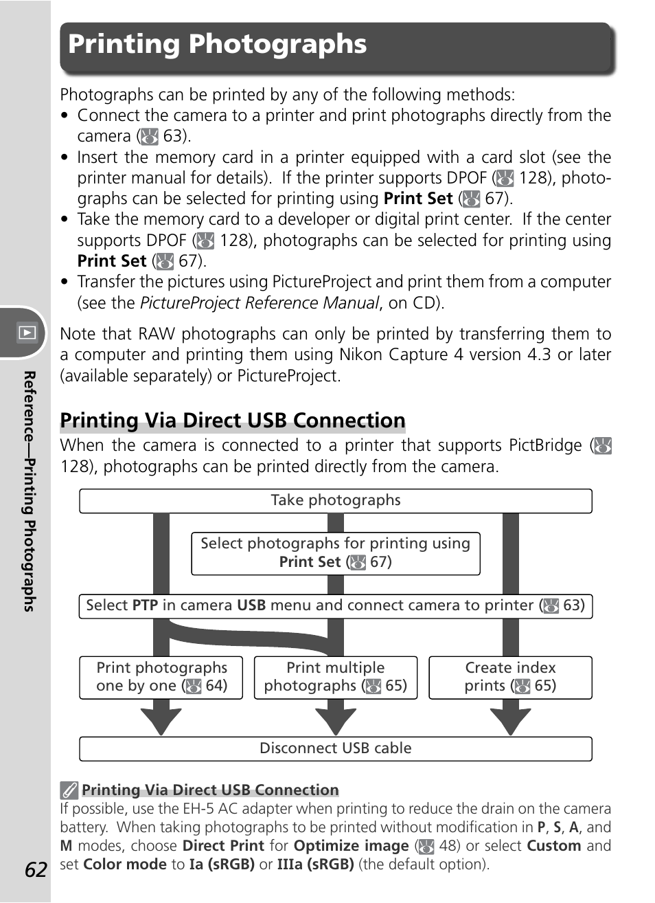 Printing photographs, Printing via direct usb connection | Nikon D50 User Manual | Page 72 / 148