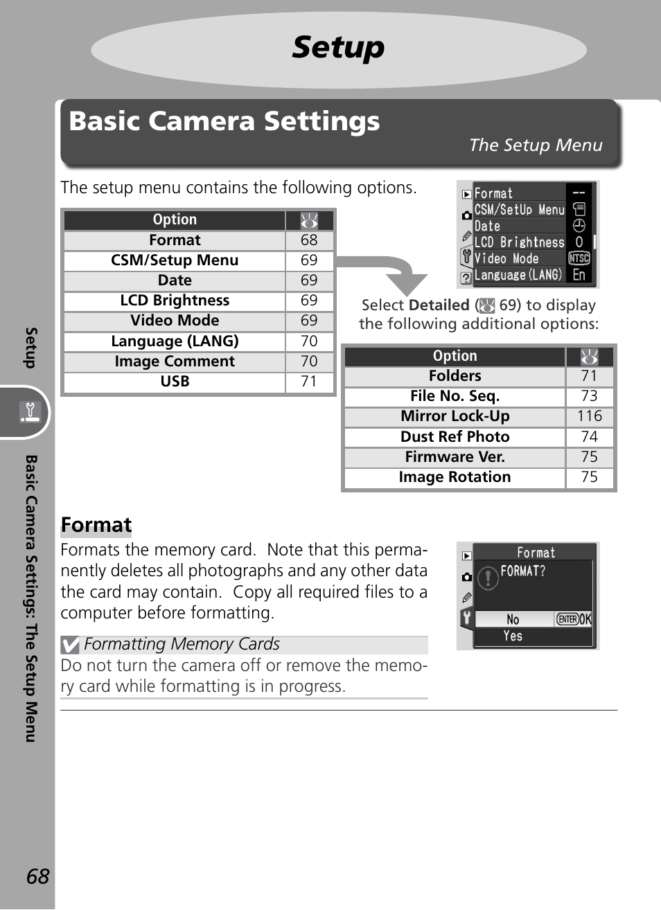 Setup, Basic camera settings, Format | Nikon D50 User Manual | Page 78 / 148