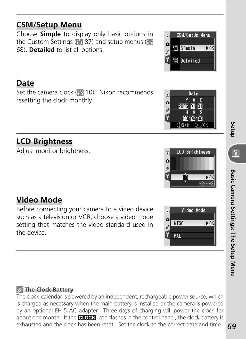 Csm/setup menu, Date, Lcd brightness | Video mode | Nikon D50 User Manual | Page 79 / 148