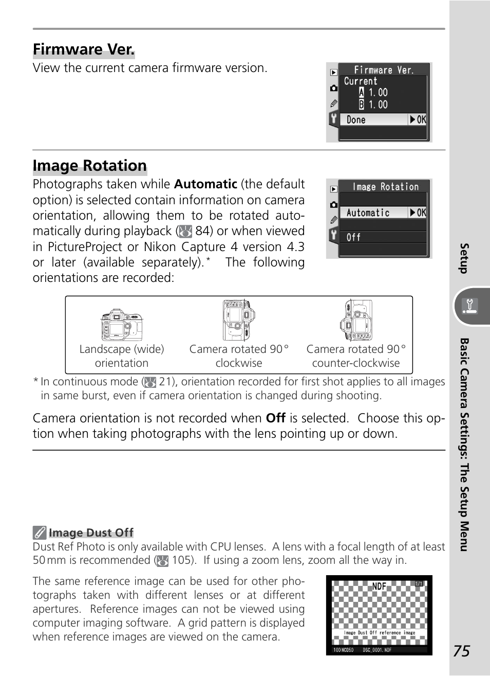Firmware ver, Image rotation | Nikon D50 User Manual | Page 85 / 148