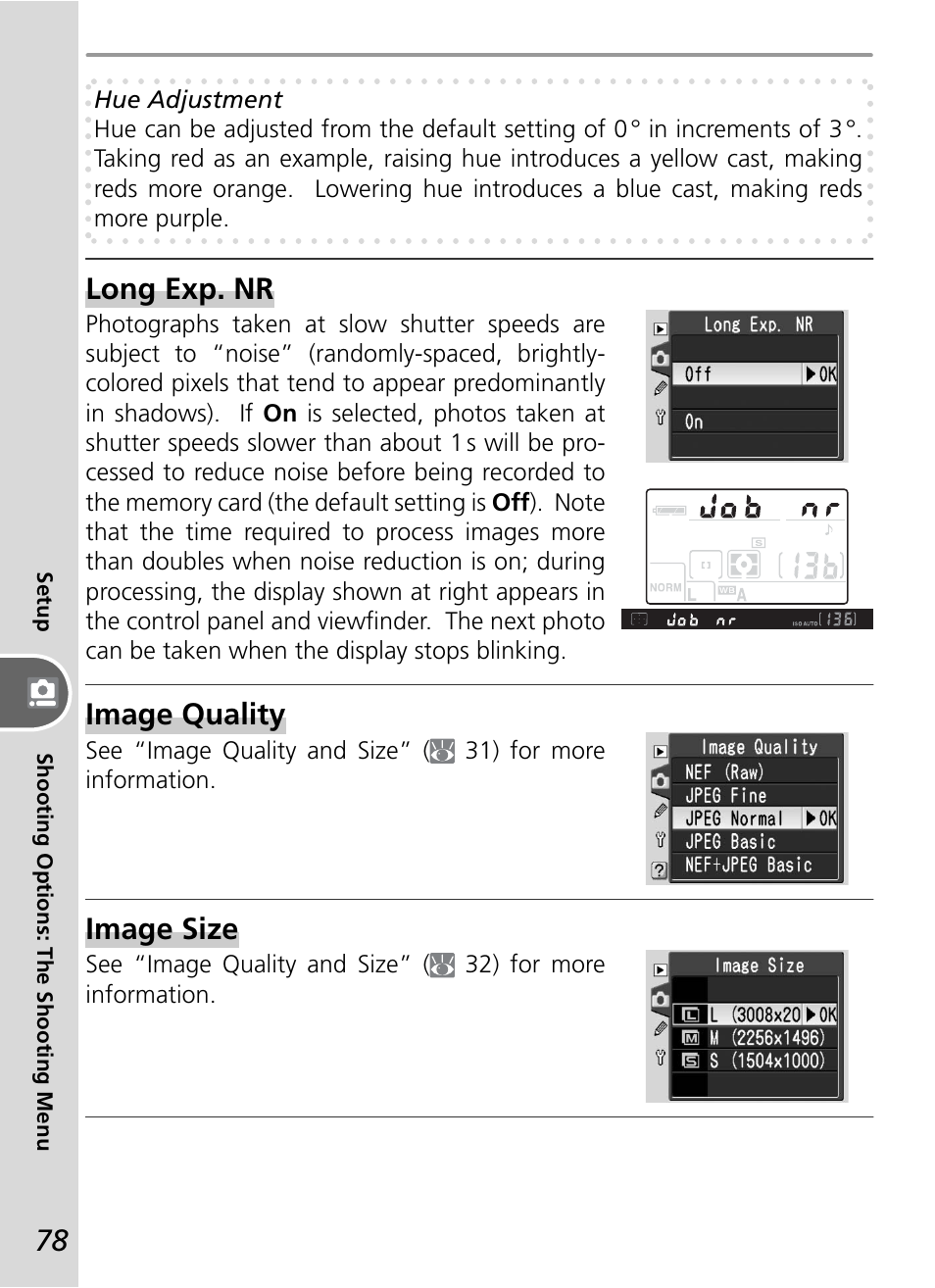 Long exp. nr, Image quality, Image size | Nikon D50 User Manual | Page 88 / 148