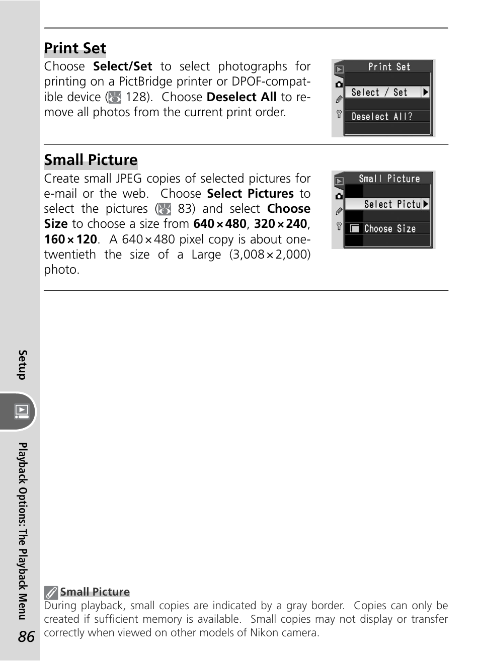 Print set, Small picture | Nikon D50 User Manual | Page 96 / 148