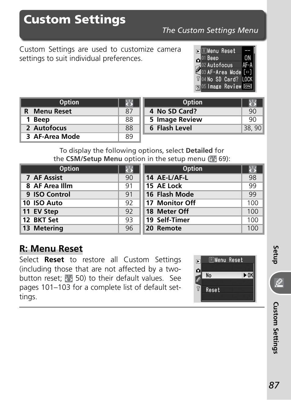 Custom settings, R: menu reset | Nikon D50 User Manual | Page 97 / 148