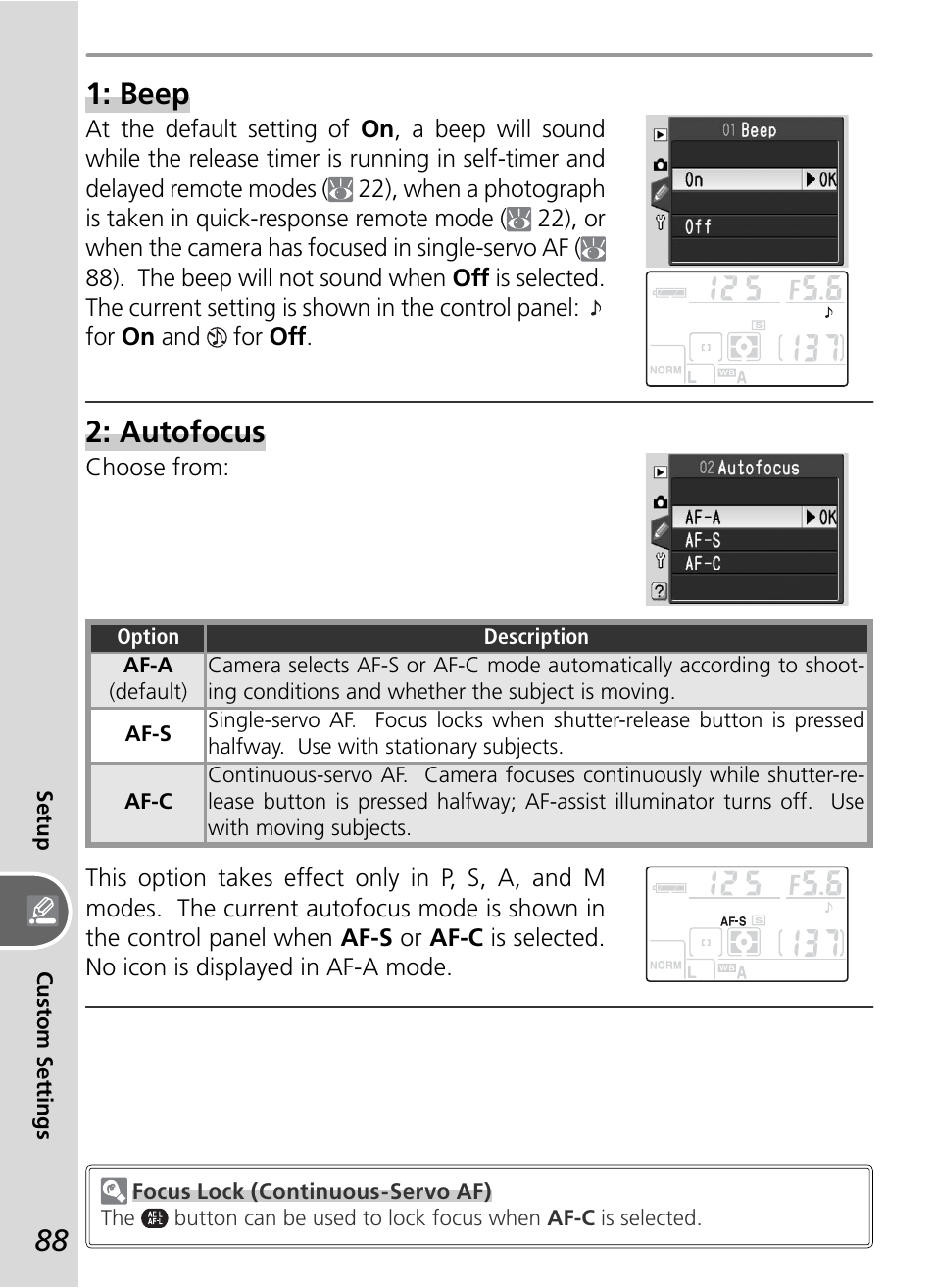 Autofocus, Beep | Nikon D50 User Manual | Page 98 / 148