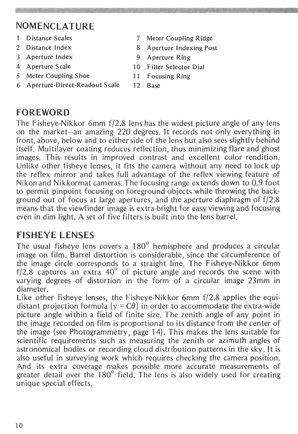 Nomenclature, Foreword, Fisheye lenses | Nikon Fisheye-NIKKOR 6mm f-2.8 User Manual | Page 10 / 36
